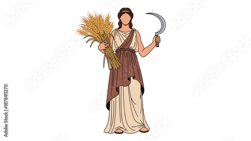 Ancient Greek goddess Demeter stands tall holding a bundle of wheat and a sickle representing agriculture and the harvest.