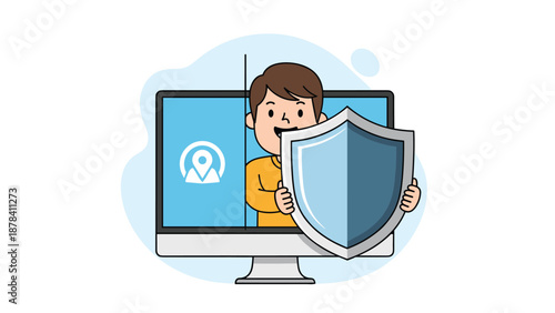 Young man stands behind a large computer monitor while holding a sturdy silver shield to represent internet data protection.