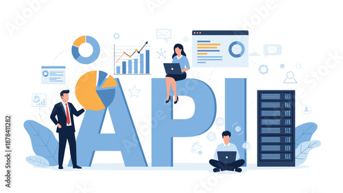 Professional business team works together around giant letters spelling API to represent software development and integration.