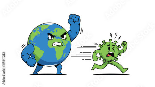 Powerful muscular Earth character with clenched fists chases away a scared green virus particle to symbolize global health.
