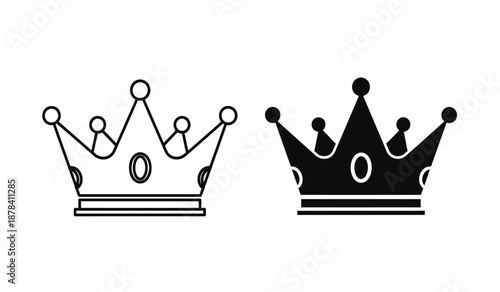 Two crowns with a circular emblem on a, one in black and white and the other in solid black, symbolizing royalty and power