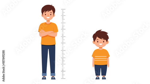 Height comparison chart shows a tall boy and a short boy standing next to each other to illustrate growth and development.
