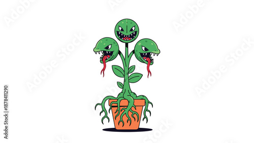 Scary three headed carnivorous plant monster grows in a terra cotta pot with its long red tongues sticking out hungrily.