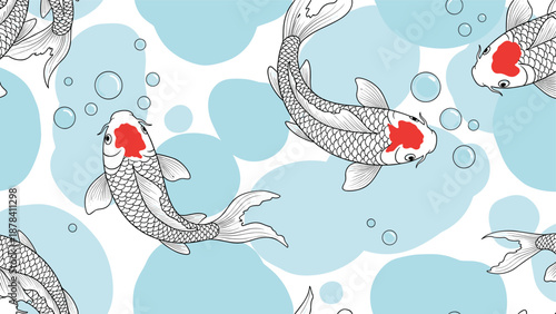 Elegant seamless pattern features white koi fish with red spots swimming through clear blue water with floating bubbles.