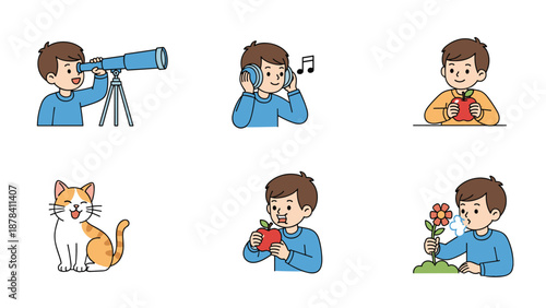 Educational icons showing a young boy engaging his senses including seeing, hearing, touching, tasting, and smelling with various objects.