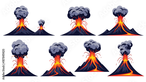 Collection of various volcanic eruptions showing mountains with lava, fire, and thick smoke clouds against a plain white background.