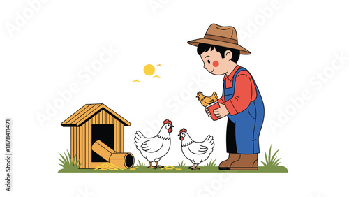 Young farmer in a hat and overalls feeding a group of white chickens in a rural farm setting with a wooden coop and a bright sun.