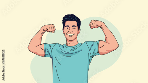 Confident and muscular young man in a blue t-shirt flexing his biceps and smiling against a soft pastel background with organic shapes.