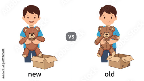 Comparison between a new teddy bear in a box and an old worn-out teddy bear with cracks and dirt representing the passage of time.