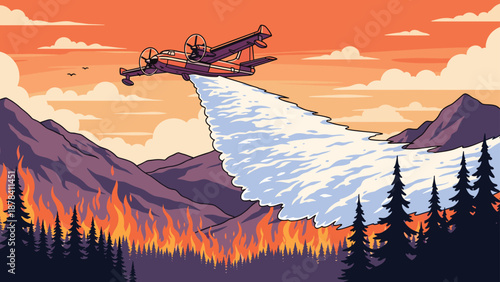 Firefighting airplane dropping water or chemicals over a massive forest fire in a mountainous landscape during a sunset or sunrise.