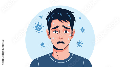 Worried man sweating and looking distressed with floating virus particles in the background representing illness, fever, or health anxiety.