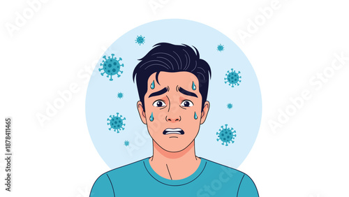 Close up portrait of a man looking scared and sweating with microscopic virus symbols around him symbolizing the fear of contagious disease.