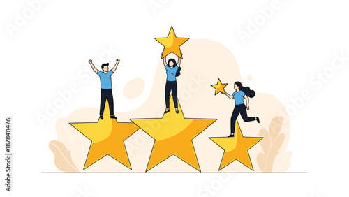 Group of people standing on and holding large yellow stars representing high ratings, achievement, success, and customer satisfaction.