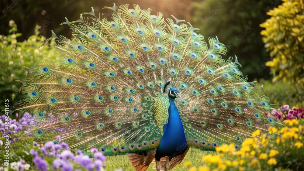 Obraz premium A peacock displays its vibrant tail feathers in a lush garden
