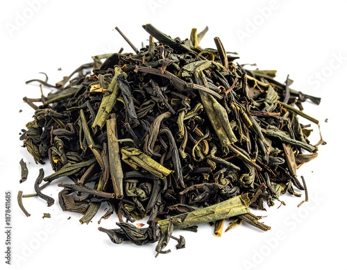 Heap of dark dried leaves. Green-black hues. Textured and organic, casting soft shadows on a white backdrop