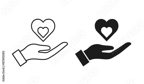 Black and white line art illustration of hands holding hearts in contrasting colors