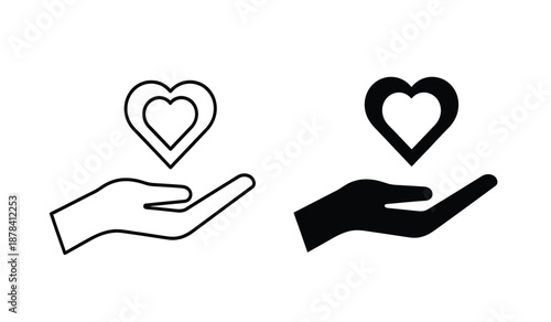 Black and white line art illustration of hands holding hearts in a minimalist style for love and care concepts