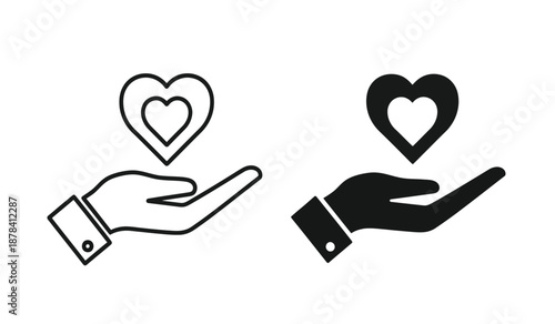Black and white line art of two hands holding hearts in a symbolic gesture of love and care