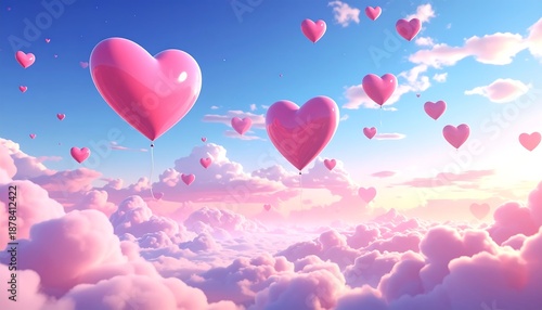 A serene sky scene with heart-shaped balloons floating among fluffy clouds