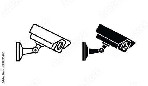 Two security cameras in black and white line art style