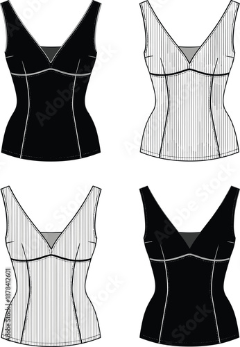 Women v-neck camisole technical flat sketch set with sleeveless slim fit bodice and empire waist fashion apparel design vector template