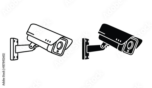 Two security cameras in black and white line art style