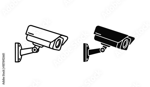 Two security cameras in black and white line art style