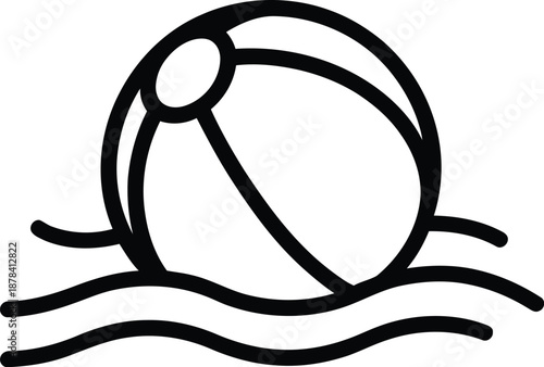 Beach Ball Floating on Water Waves Simple Line Vector Icon Summer Fun