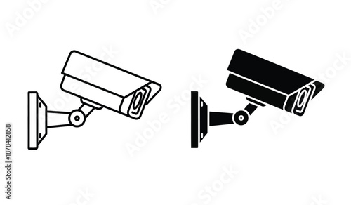 Two security cameras in black and white line art style