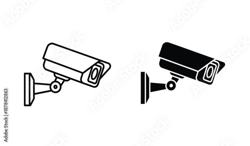Two security cameras in black and white with one solid black and one outlined