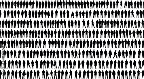 Massive crowd of human silhouettes in rows, diverse postures and stances, black figures – flavector