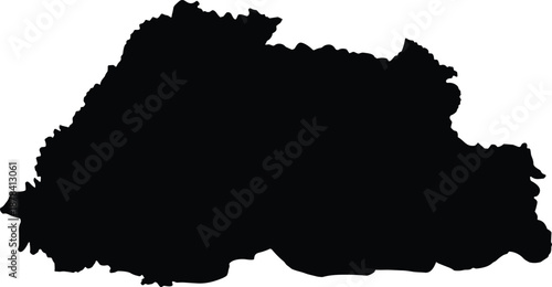 Bhutan country silhouette, black map outline, geographic shape, vector illustration, Asia region, cartography icon, isolated border graphic