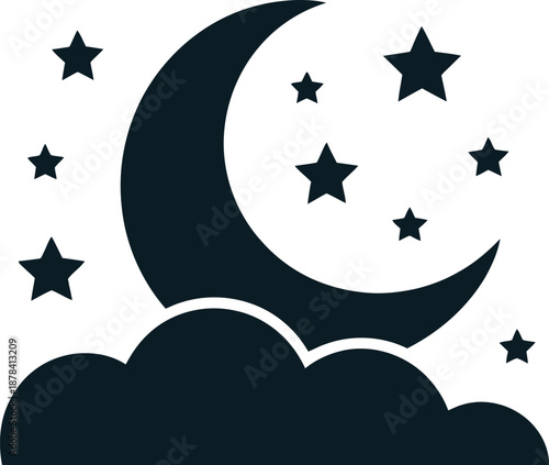 Crescent Moon and Stars with Clouds, Night Sky Vector Icon