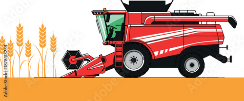 Modern red combine harvester working in wheat field, agricultural farming machinery harvesting crops, detailed vector illustration isolated