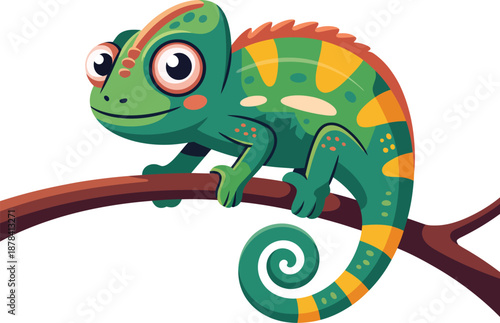 Cute Chameleon Perched on Branch, Vector Illustration, Vibrant Colors, Reptile Wildlife