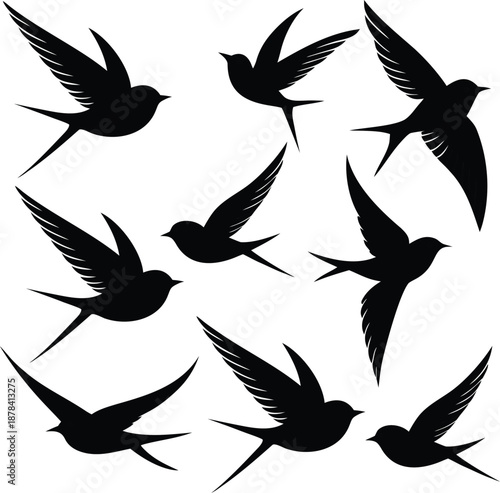 Graceful flock of flying swallows in elegant black silhouette against a stark white background