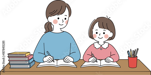 Mother and daughter studying together at desk illustration showing family education learning support homeschooling parenting flat vector design