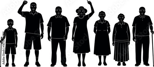 Multi generation family silhouette set standing together, grandparents parents children figures, diverse people lineup, social relationship concept illustration