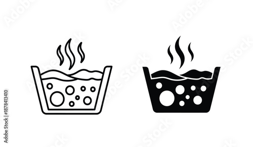 Black and white line art of two steaming baskets with bubbles