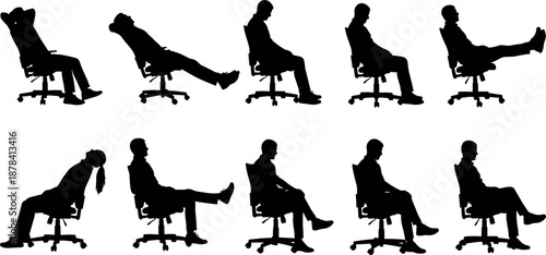 Office chair sitting posture silhouettes set showing correct incorrect ergonomic positions, workplace health concept, black vector illustration collection