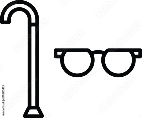 Elderly Accessories: Walking Cane and Eyeglasses Vector Icon Symbol