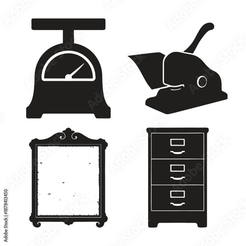 Black and white of a scale a paper shredder a mirror and a filing cabinet