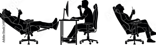 Office worker silhouettes set showing ergonomic chair desk computer coffee break relaxed working lifestyle vector illustration collection
