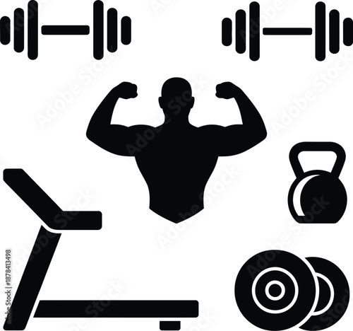 Fitness Icons: Dumbbells, Treadmill, Kettlebell, Weight Plates, Bodybuilder Silhouette