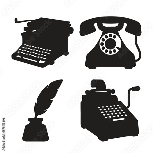 Vintage Typewriter and Phone Silhouettes with Quill Pen