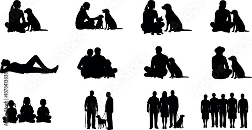 People and dog silhouettes collection showing families couples children relaxing sitting walking pets companionship lifestyle vector illustration set