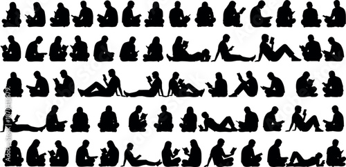 People Reading Silhouette Mega Collection Showing Sitting Lying Studying Learning Book Reading Lifestyle Vector Illustration Set