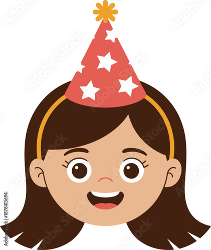 Girl wearing party hat with stars, smiling, vector illustration for birthday celebrations