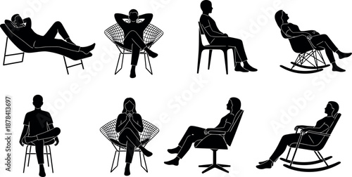 People relaxing on modern chairs silhouette set, comfortable sitting poses, leisure lifestyle, home interior furniture concept, isolated black vector illustration
