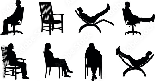 People sitting and relaxing on chairs silhouette set, rest positions, home and office seating furniture, isolated black vector illustration
